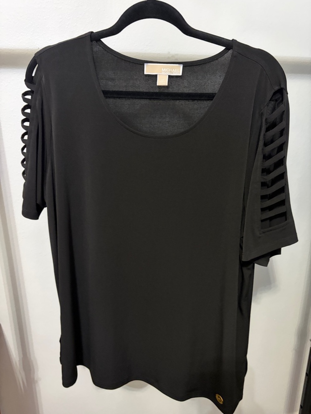 Michael Kors Black Short Sleeve Top with Lattice Cutout Sleeves